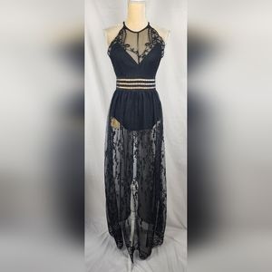 L'Artiste by Amy Sheer Embroidered Bodysuit Women's Black Long Maxi Dress sz S